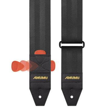 AMUMU Premium Black Guitar Strap with Full Grain Leather, Quick-Fetch Pick Holder & Heavy-Duty Buckles
